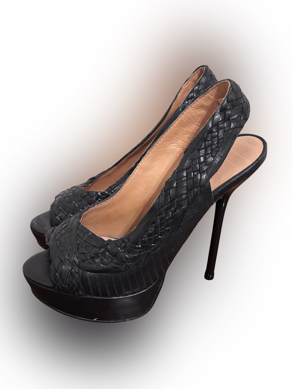 L.A.M.B. Black Woven Peep-Toe Slingback Stiletto Heels Size 8